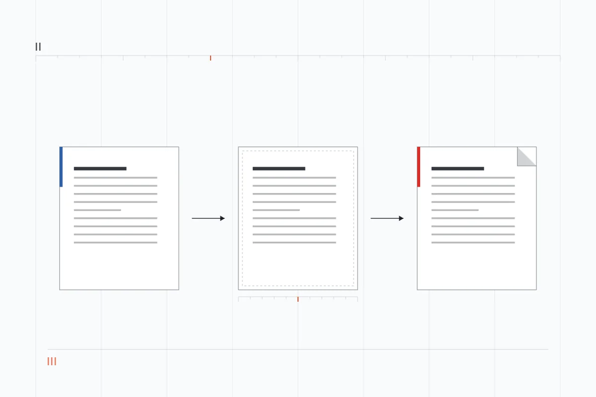 Three-stage diagram of the converter reading a DOCX file, laying out its pages and writing a PDF.