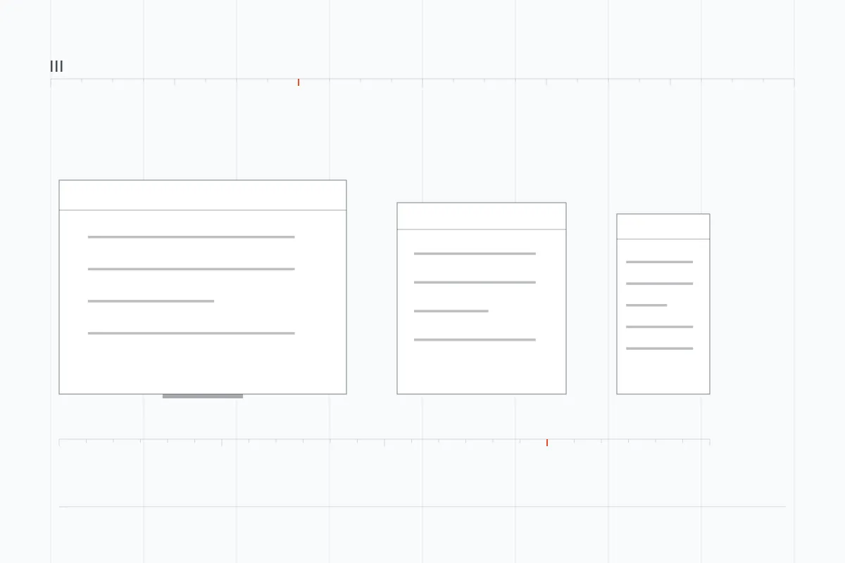 Cross device support Diagram of the converter interface shown at desktop, tablet and phone widths on a ruled grid.